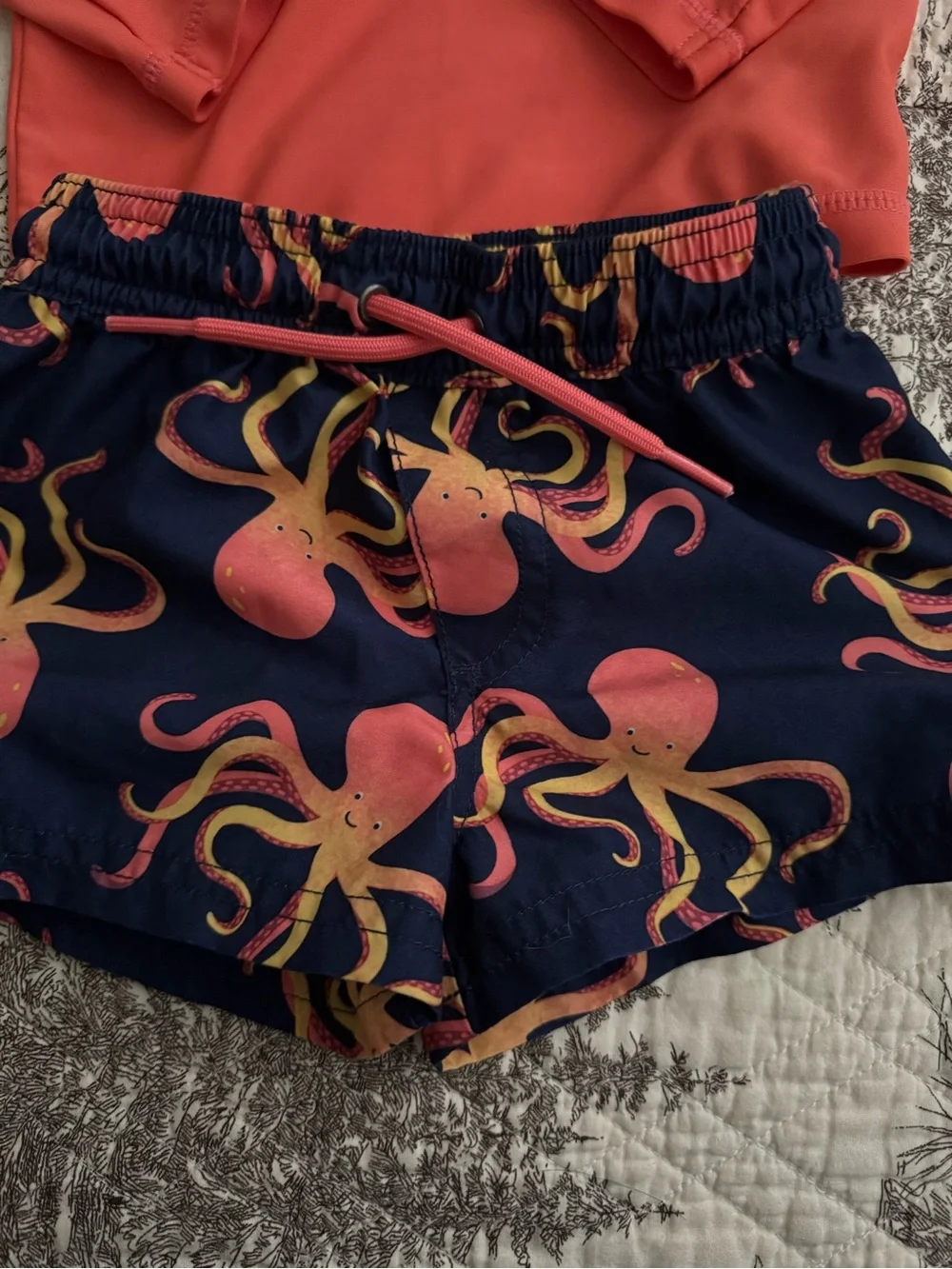 Carter's Coral Long-Sleeve Rashguard with Navy Octopus Swim Shorts